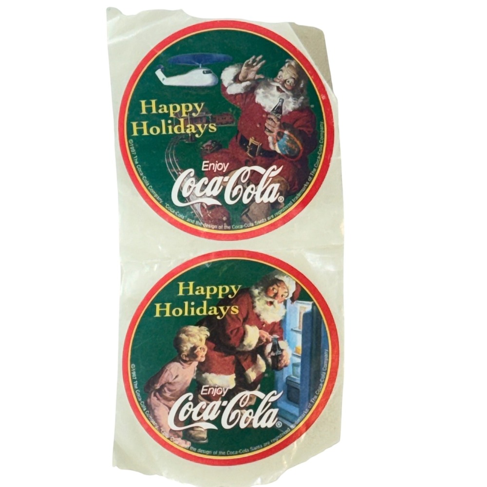 Vintage 1997 Coca-Cola Happy Holidays Santa 3in Stickers Pair Unused